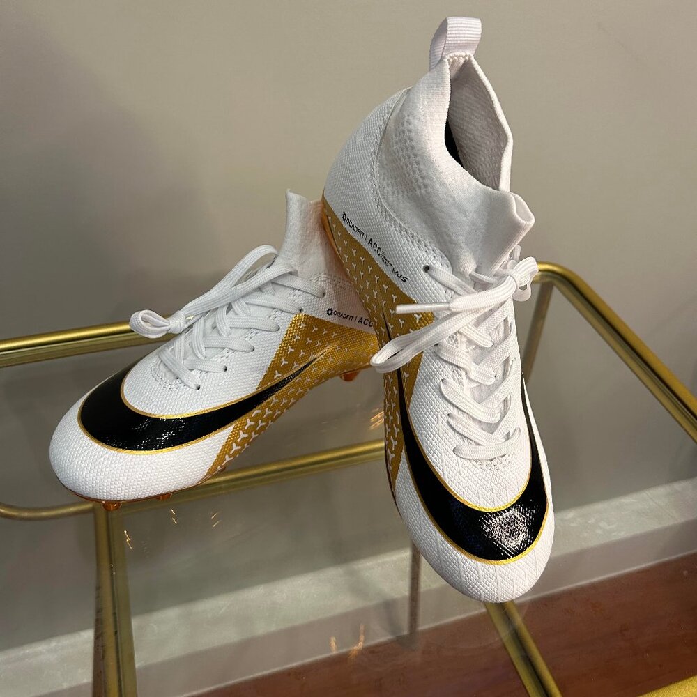 Firm Ground Soccer Shoes for Men Black-Gold/White-Gold Cleats Shoes Youth